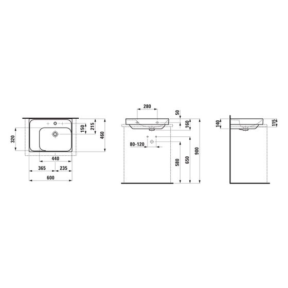 Laufen Aufsatzwaschtisch Meda 460x600x160mm, Ablage links, mit 1 Hahnloch, ohne Überlauf, LCC Weiß