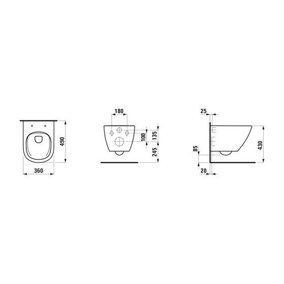 Laufen Tiefspül-WC wandhängend Lua 490x360mm, spülrandlos, kurze Ausführung, verdeckte Befestigung, Weiß matt