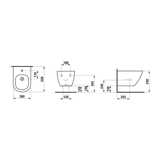 Laufen Wandbidet Lua 520x360mm, mit 1 Hahnloch und Überlauf, ohne seitliches Loch für Wasserans, Weiß matt