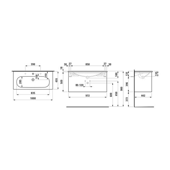 Laufen Waschtisch-Set Lua mit Lani 455x1000x527mm, 2 HL, Überlauf, 2 Schubladen und Griffleiste, Weiß/Specialcolor