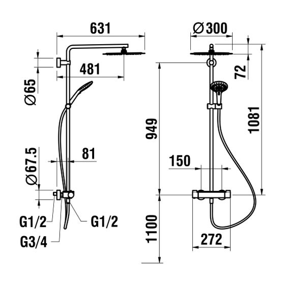 Laufen Thermostat. Duschsystem Vivid, mit Abl. Brausenh. Kopfb. Durchm. 300mm, Schlauch 1600mm, Titan/PVD Mattschw., Handbrause