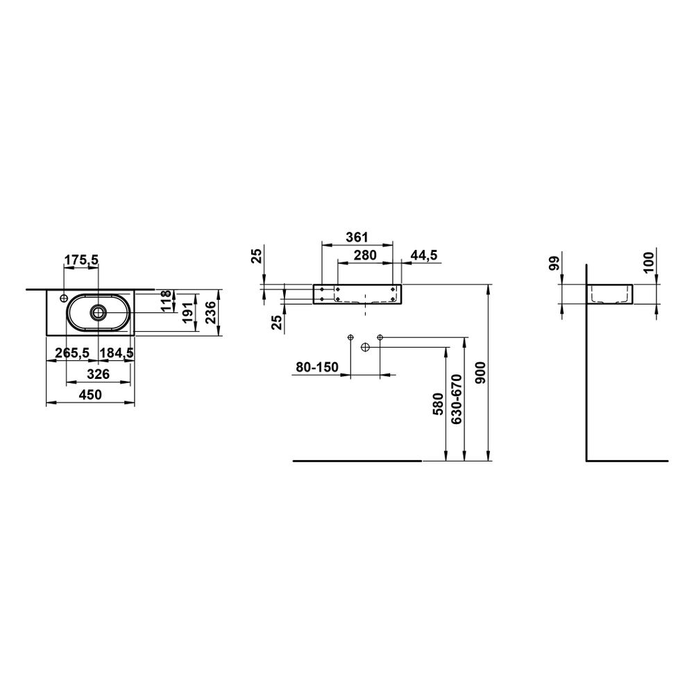 Laufen Waschtisch Fusion.S 450x236x100mm, rechteckig, Becken rechts, mit 1 Hahnl... LAUFEN-H515FS30001111 7612738181659 (Abb. 3)