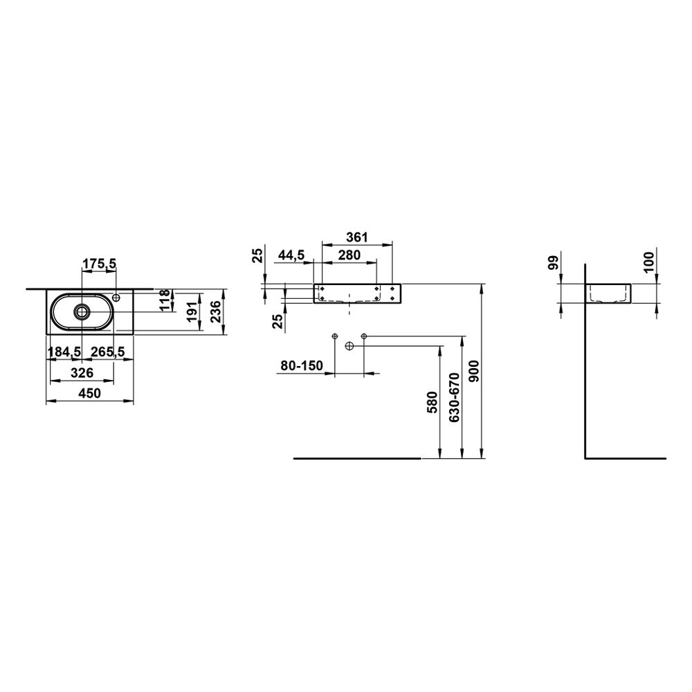 Laufen Waschtisch Fusion.S 450x236x100mm, rechteckig, Becken links, mit 1 Hahnlo... LAUFEN-H515FS40001111 7612738181673 (Abb. 3)