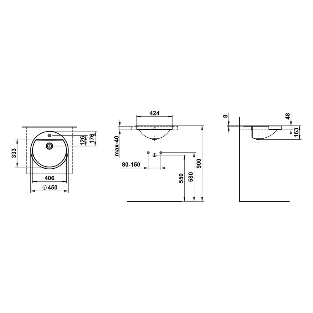 Laufen Halbeinbau-Waschtisch Form 450x450x163mm, rund, mit 1 Hahnloch und Überla... LAUFEN-H516FM50001041 7612738181710 (Abb. 3)