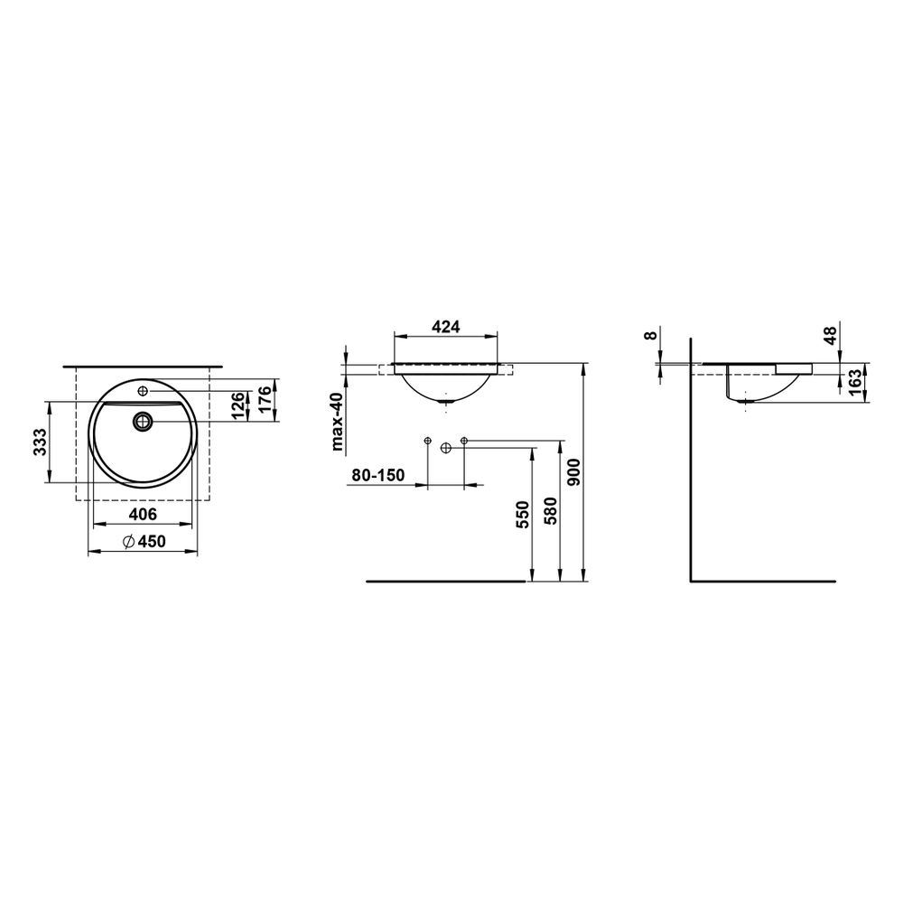 Laufen Halbeinbau-Waschtisch Form 450x450x163mm, rund, mit 1 Hahnloch, ohne Über... LAUFEN-H516FM50001111 7612738181727 (Abb. 3)