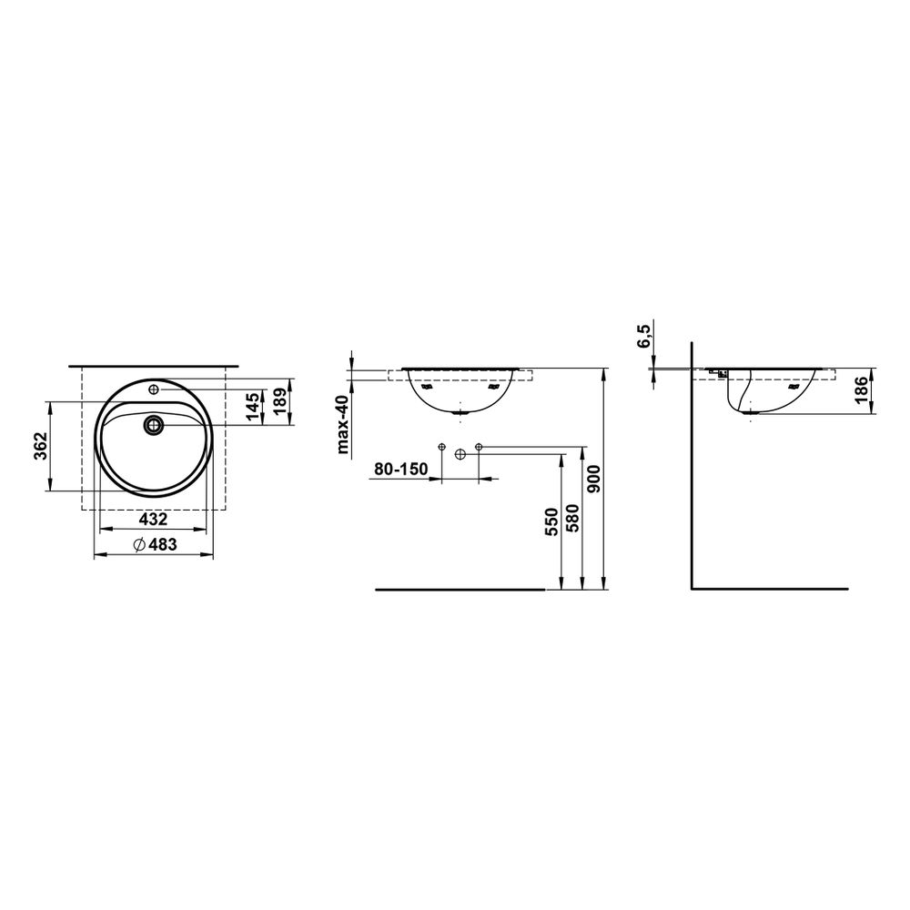 Laufen Einbau-Waschtisch Classics rund 475x475x186mm, von oben, mit 1 Hahnloch, ... LAUFEN-H517CL60001111 7612738181925 (Abb. 3)