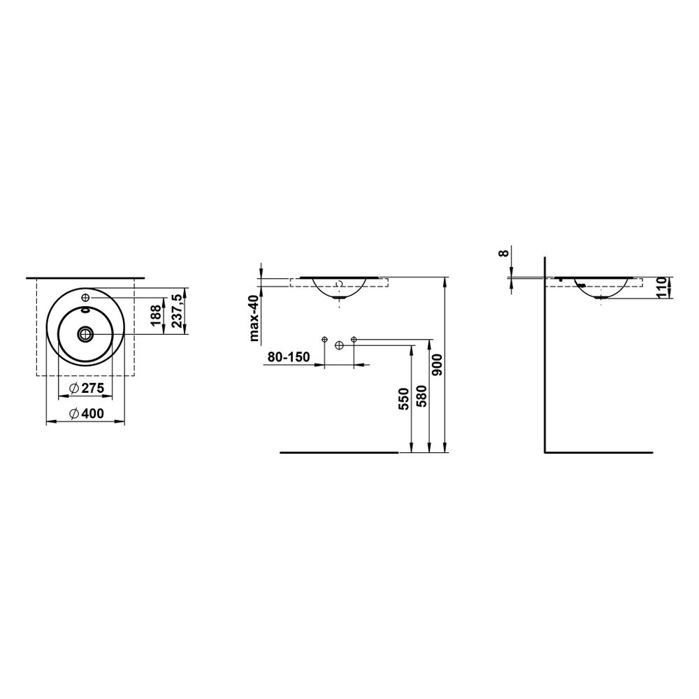 Laufen Einbau-Waschtisch Form rund 400x400x110mm, von oben, mit 1 Hahnloch und Ü... LAUFEN-H517FM30001041 7612738181963 (Abb. 3)