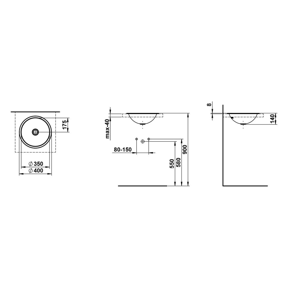 Laufen Einbau-Waschtisch Form rund 400x400x140mm, von oben, ohne Hahnloch und Üb... LAUFEN-H517FM30001121 7612738182014 (Abb. 3)