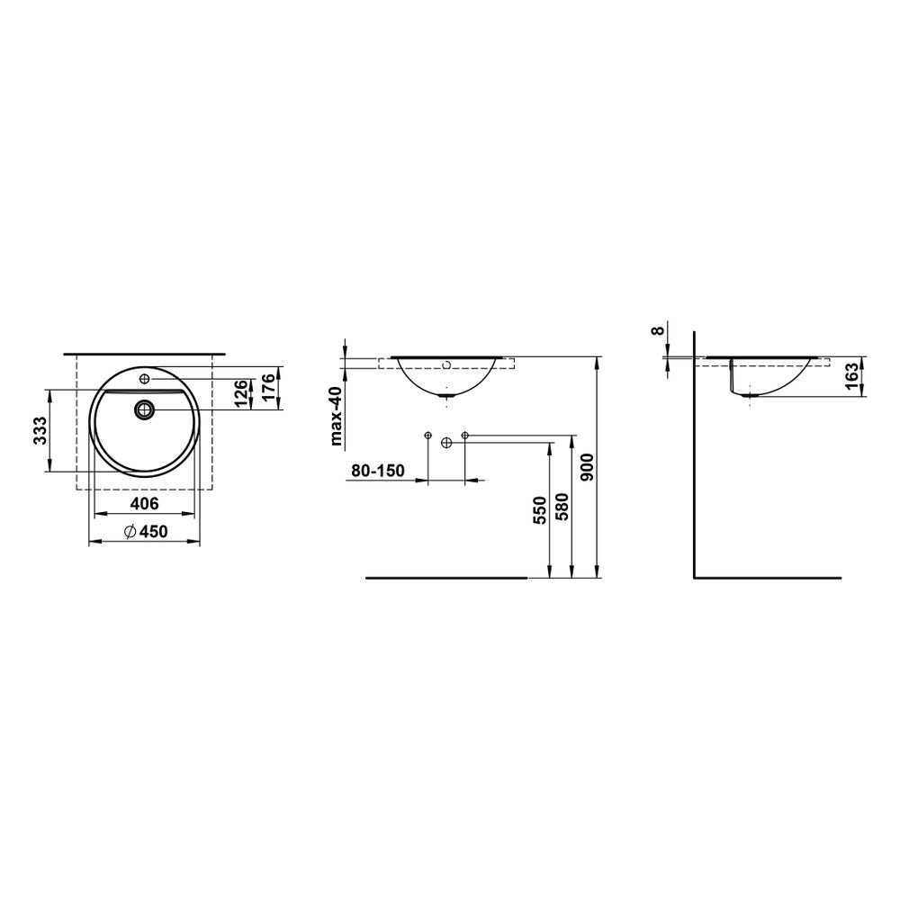 Laufen Einbau-Waschtisch Form rund 450x450x163mm, von oben, mit 1 Hahnloch und Ü... LAUFEN-H517FM50001041 7612738182052 (Abb. 3)