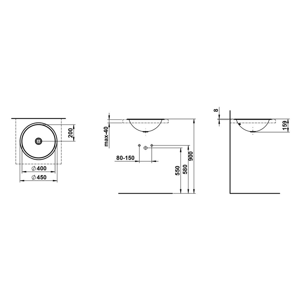 Laufen Einbau-Waschtisch Form rund 450x450x159mm, von oben, ohne Hahnloch und Üb... LAUFEN-H517FM50001121 7612738182090 (Abb. 3)