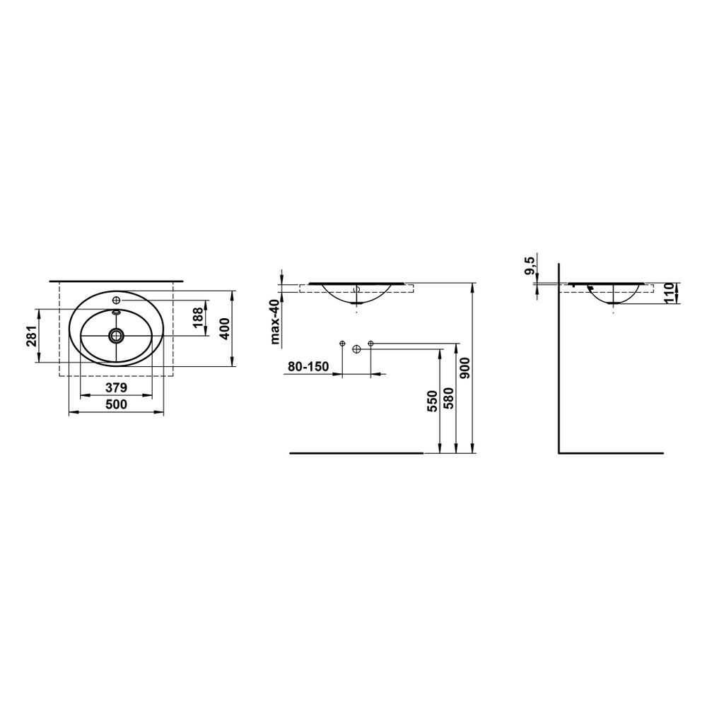 Laufen Einbau-Waschtisch Form oval 500x400x111mm, von oben, mit Armaturenbank, 1... LAUFEN-H517FM60001041 7612738182106 (Abb. 3)
