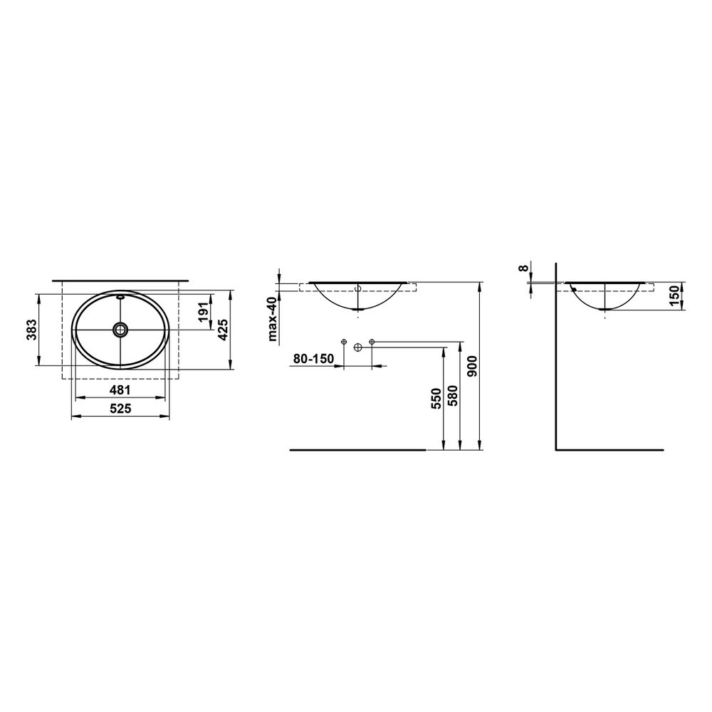 Laufen Einbau-Waschtisch Form oval 525x425x150mm, von oben, ohne Armaturenbank u... LAUFEN-H517FM60001091 7612738182113 (Abb. 3)