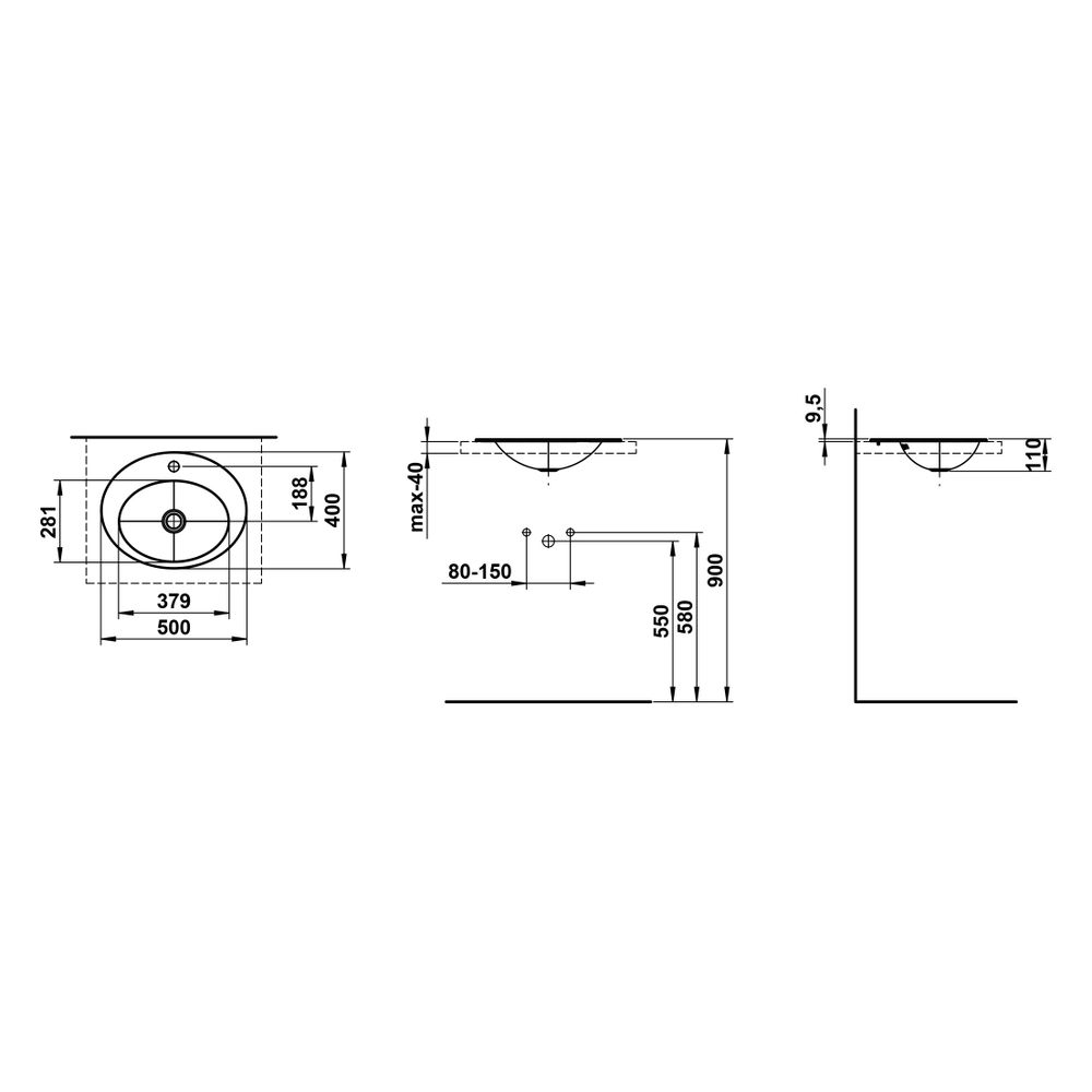 Laufen Einbau-Waschtisch Form oval 500x400x111mm, von oben, mit Armaturenbank un... LAUFEN-H517FM60001111 7612738182120 (Abb. 3)