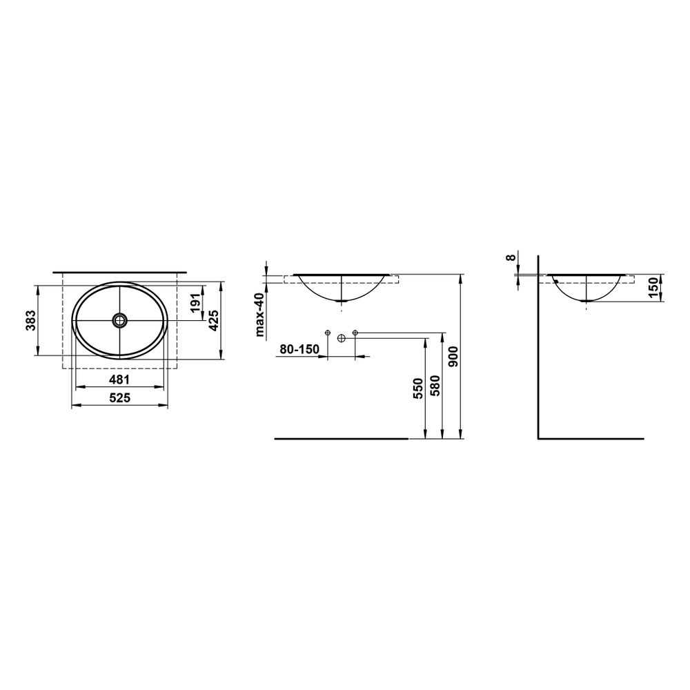 Laufen Einbau-Waschtisch Form oval 525x425x150mm, von oben, ohne Armaturenbank, ... LAUFEN-H517FM60001121 7612738182137 (Abb. 3)