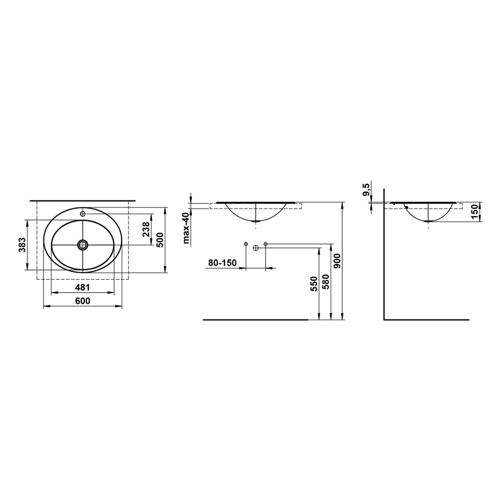 Laufen Einbau-Waschtisch Form oval 600x500x150mm, von oben, mit 1 Hahnloch, ohne... LAUFEN-H517FM70001111 7612738182151 (Abb. 3)