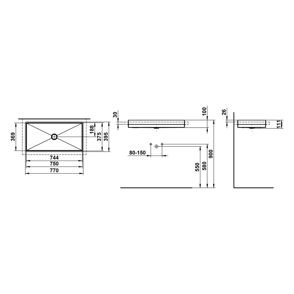 Laufen Einbau-Waschtisch Metaphor rechteckig 750x375x111mm, von oben, ohne Hahnl... LAUFEN-H517ME70001121 7612738182182 (Abb. 3)