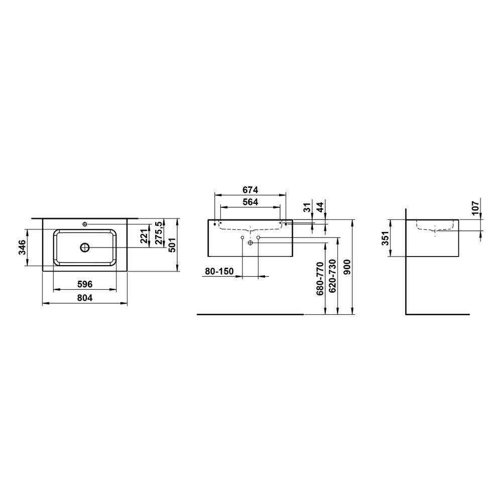 Laufen Waschplatz Folio 804x500x350mm, mit Armaturenbank, 1 Hahnloch, ohne Überl... LAUFEN-H580FO35211111 7612738182557 (Abb. 3)