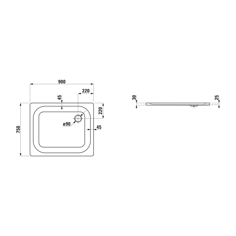 Laufen Duschwanne Platina 900x750x25mm, Weiß, aus Stahl, Ablauf seitlich, inklus... LAUFEN-H2150030000401 4014804936607 (Abb. 2)
