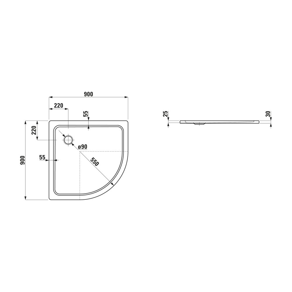 Laufen Duschwanne Viertelkreis Platina 900x900x25mm, Mattweiß, aus Stahl, Ablauf... LAUFEN-H2150087570401 7612738040420 (Abb. 1)