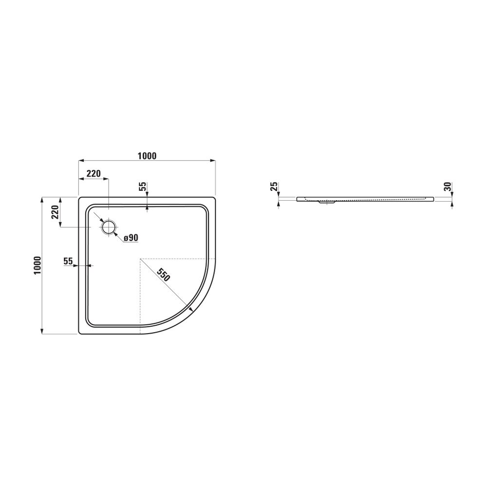 Laufen Duschwanne Viertelkreis Platina 1000x1000x25mm, Mattweiß, aus Stahl, Abla... LAUFEN-H2150097570401 7612738040437 (Abb. 1)