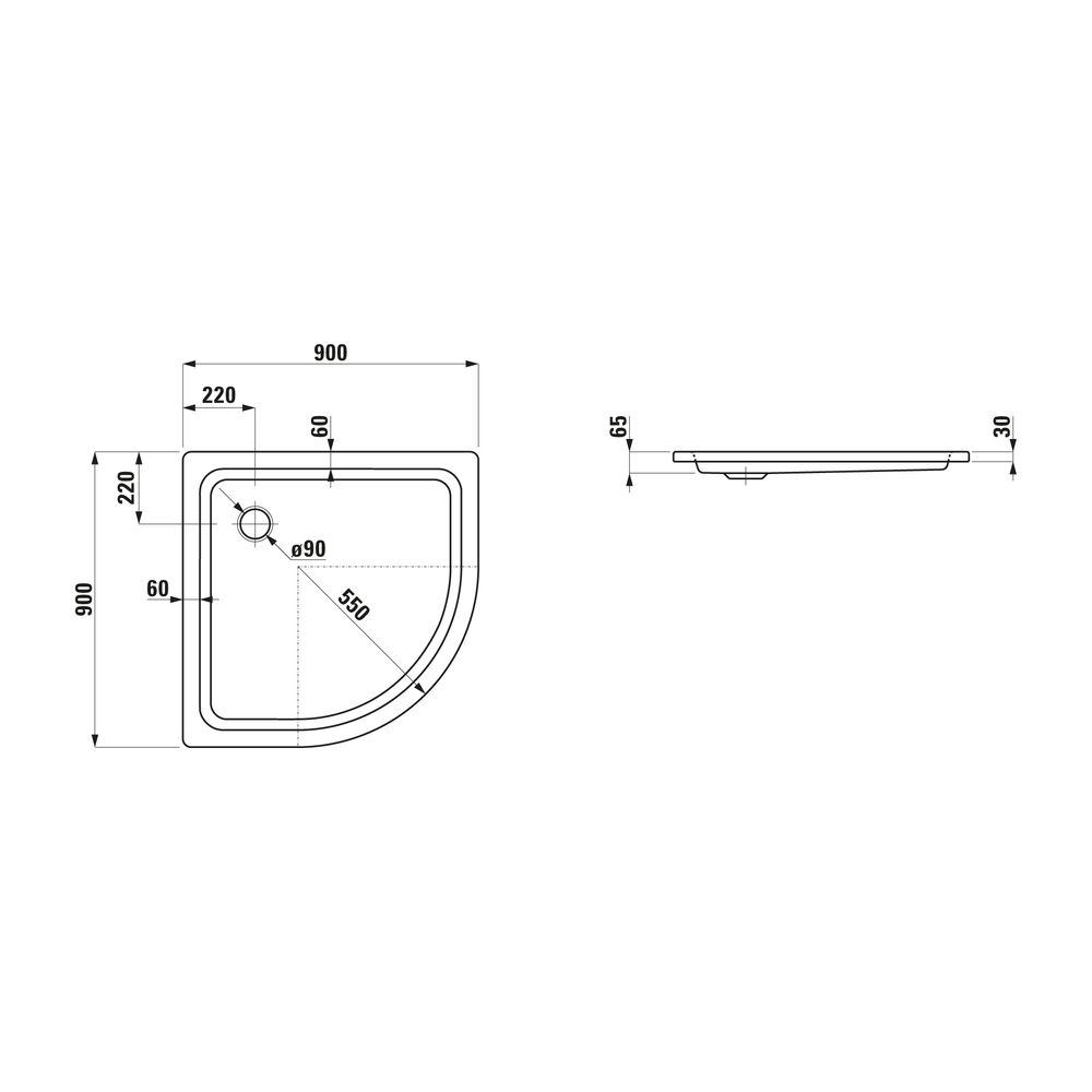 Laufen Duschwanne Viertelkreis Platina 900x900x65mm, Weiß, aus Stahl, Ablauf sei... LAUFEN-H2150180000401 4014804773288 (Abb. 2)