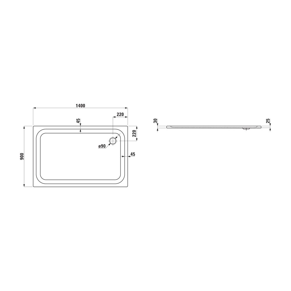 Laufen Duschwanne Platina 900x1400x25mm, Weiß, aus Stahl, Ablauf seitlich, inklu... LAUFEN-H2150340000401 7612738925888 (Abb. 2)
