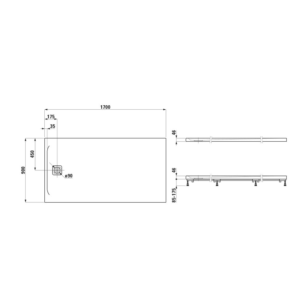 Laufen Duschwanne Laufen Pro 900x1700x46mm, Hellgrau, aus Marbond, Ablauf kurze ... LAUFEN-H2169580770001 7612738107079 (Abb. 2)