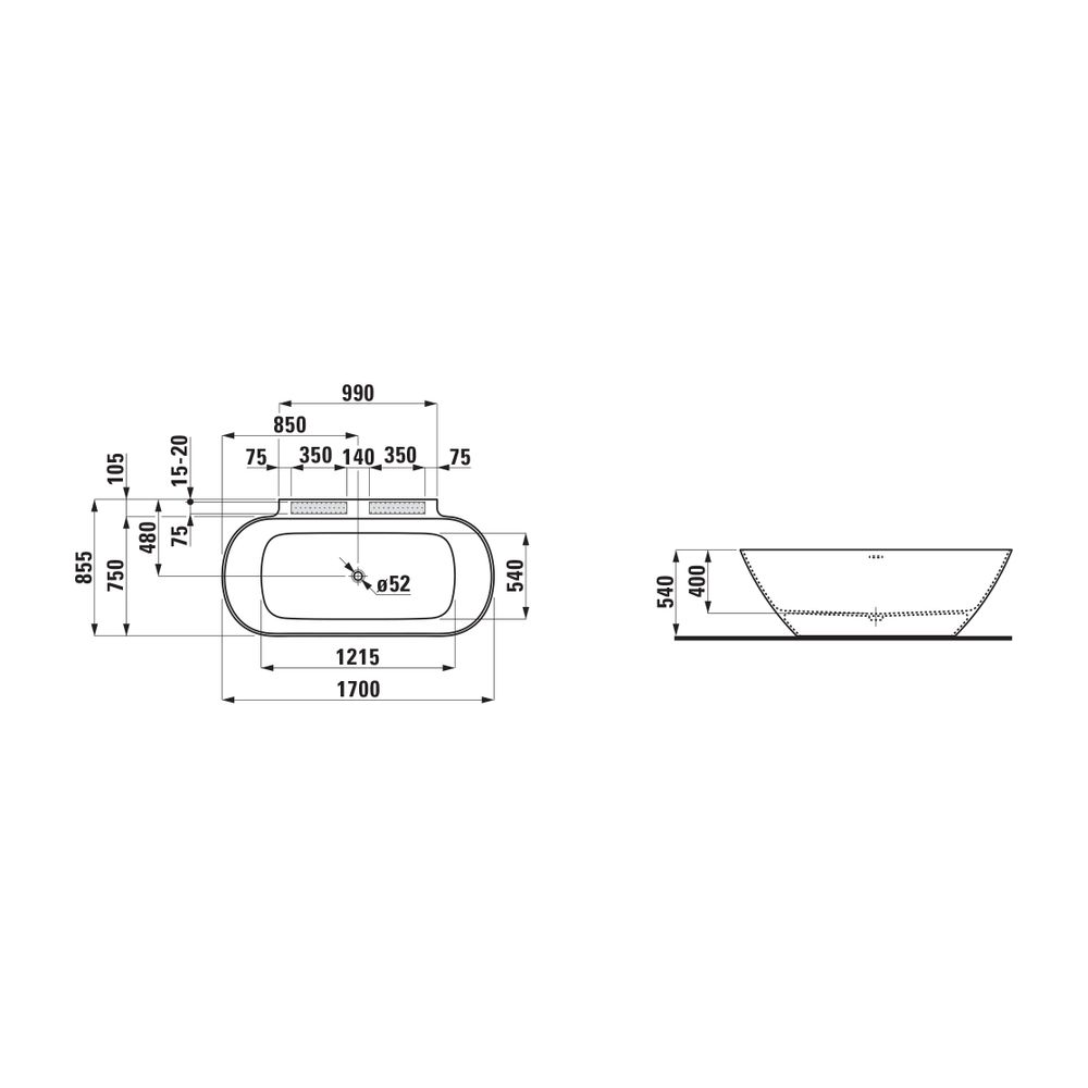 Laufen wandangebundene Badewanne LUA 855x1700x540mm, Chrom, Weiß, Marbond, Bohrl... LAUFEN-H2200870000361 7612738077303 (Abb. 3)