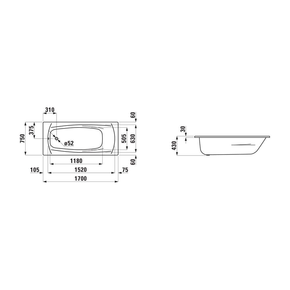 Laufen Einbau-Badewanne Palladium 750x1700x430mm, Weiß, aus Stahl, inklusive Sch... LAUFEN-H2251100000401 4014804490994 (Abb. 2)