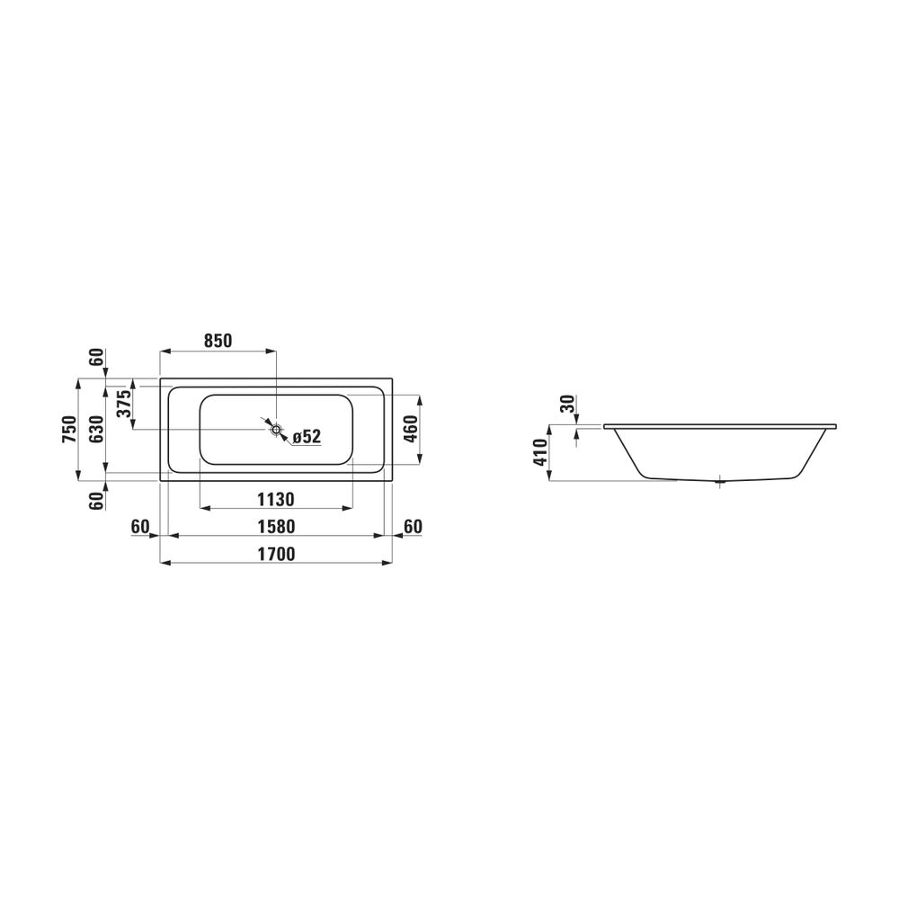 Laufen Einbaubadewanne Pro S 1700x750x410mm, Mattweiß, aus Stahl, mit Mittelabla... LAUFEN-H2261807570401 7612738124953 (Abb. 3)