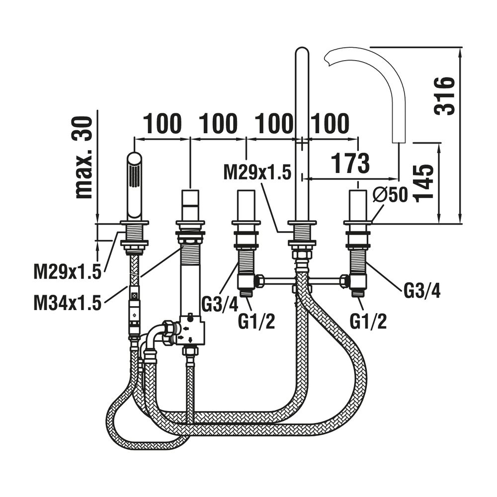 Laufen 5-Loch Wannenfüllkombination Kartell Festauslauf Ausladung 173mm, Chrom, ... LAUFEN-H3223350042821 7612742481264 (Abb. 2)