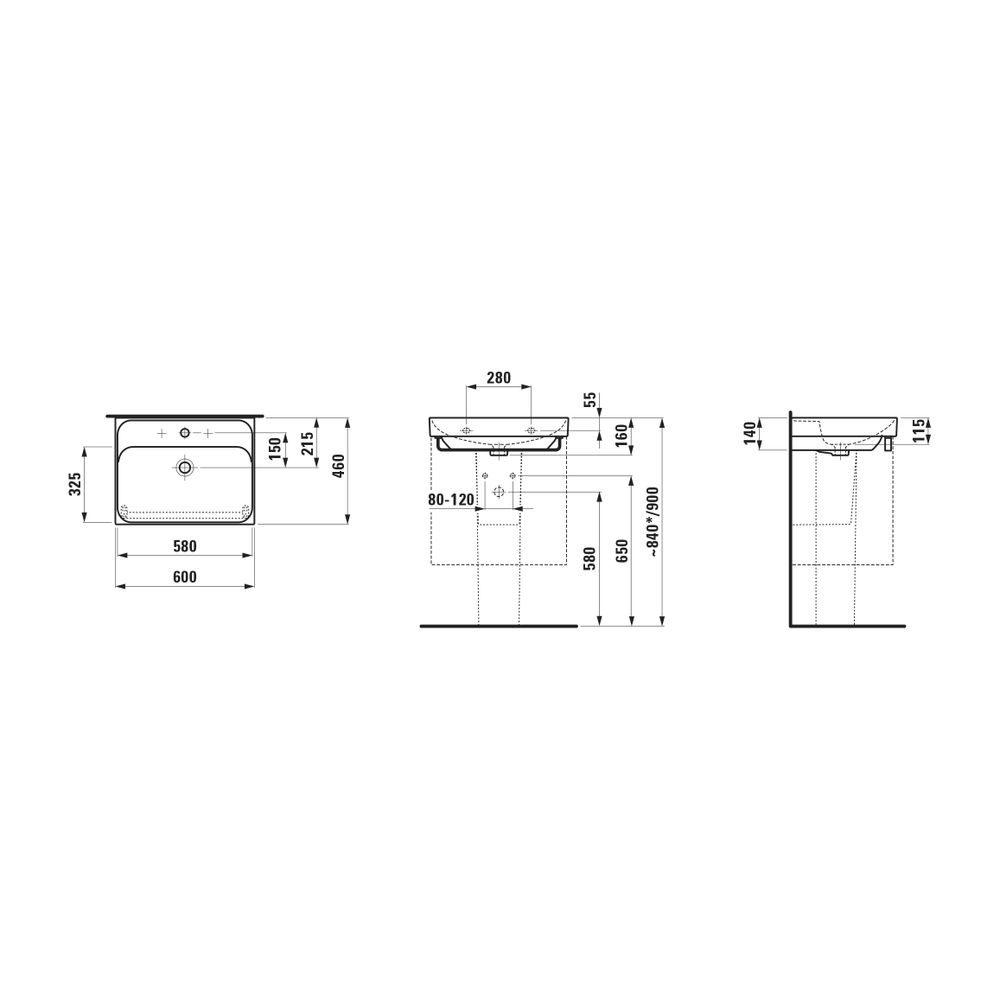 Laufen Waschtisch MEDA 460x600x160mm, Weiß, 1 Hahnloch, mit Überlauf... LAUFEN-H8101130001041 7612738062903 (Abb. 2)