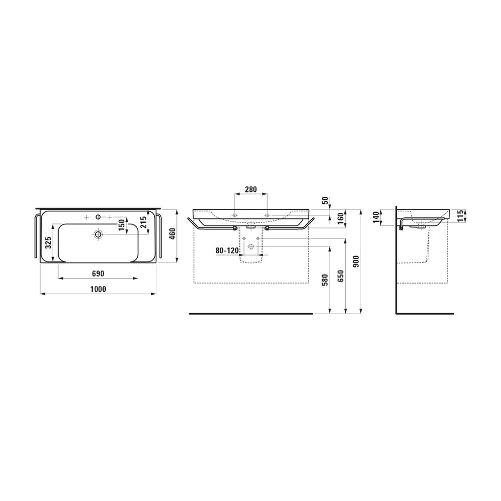 Laufen Waschtisch MEDA 460x1000x160mm, Weiß, Ablage links/rechts, 1 Hahnloch, mi... LAUFEN-H8101190001041 7612738062538 (Abb. 2)