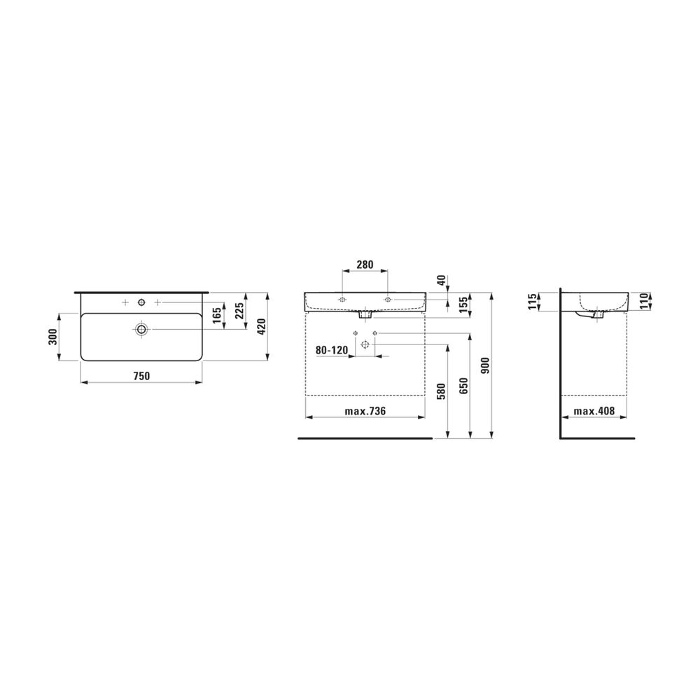 Laufen Waschtisch VAL 420x750x155mm, Weiß LCC, ohne Hahnloch, mit Überlauf... LAUFEN-H8102854001091 7612738341435 (Abb. 2)