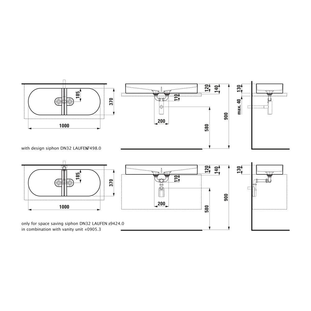 Laufen Doppelwaschtisch-Schale Sonar 370x1000x140mm, Weiß LCC, ohne Hahnloch/Übe... LAUFEN-H8123484001121 7612738916367 (Abb. 2)