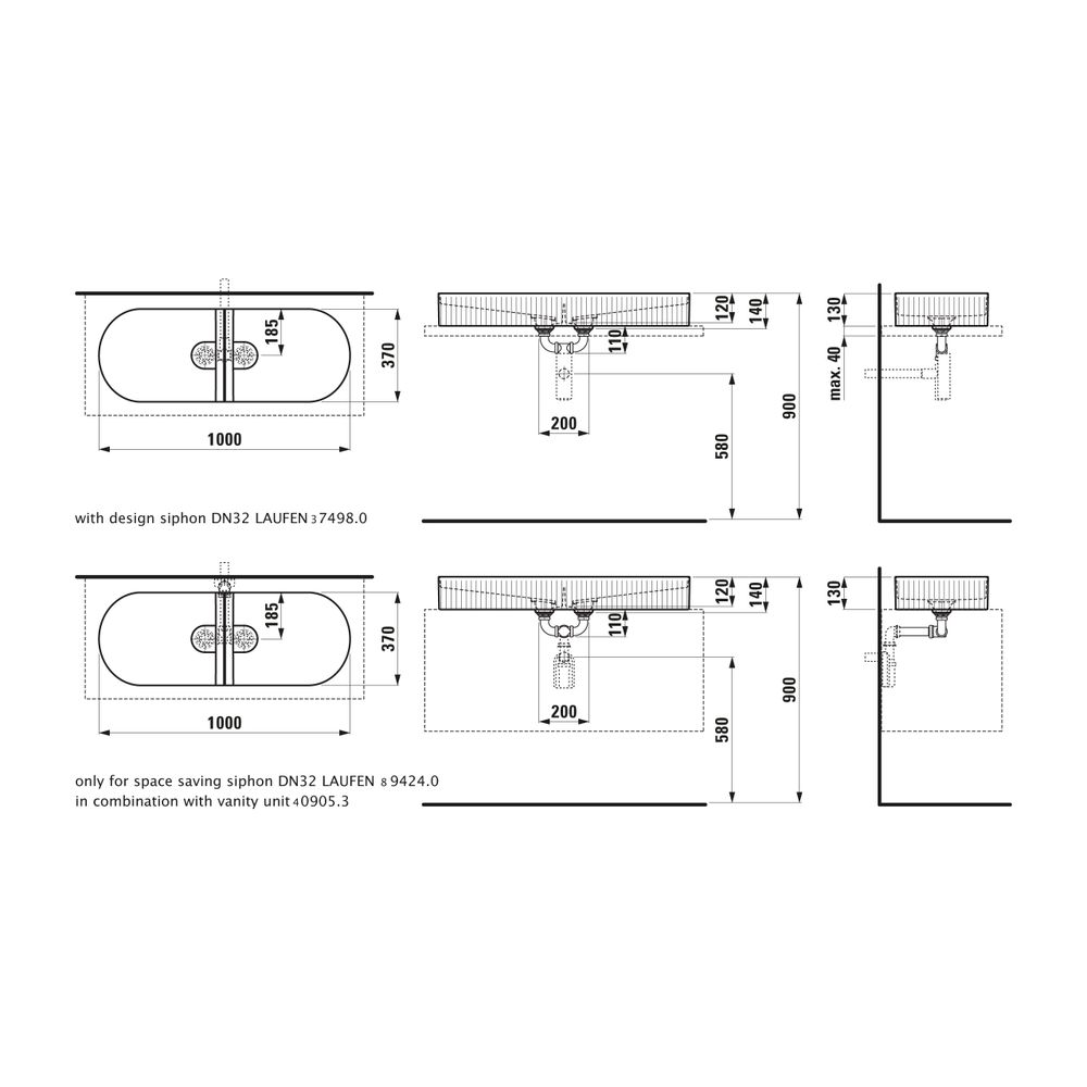 Laufen Doppelwaschtisch-Schale Sonar 370x1000x140mm, Mattweiß, ohne Hahnloch/Übe... LAUFEN-H8123497571121 7612738924485 (Abb. 2)