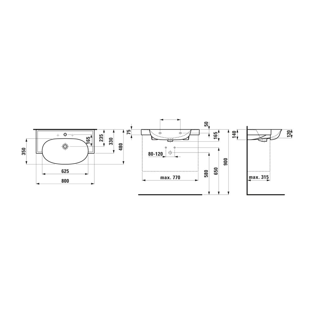 Laufen Waschtisch The New Classic 480x800x165mm, Weiß LCC, ohne Hahnloch, mit Üb... LAUFEN-H8138554001091 7612738936082 (Abb. 2)