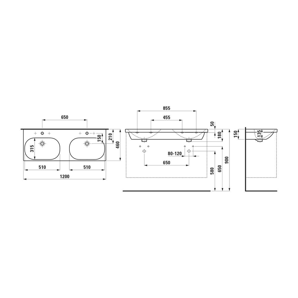 Laufen Doppelwaschtisch LUA 460x1200x180mm, Weiß LCC, 3 Hahnlöcher mit Überlauf... LAUFEN-H8140814001081 7612738986094 (Abb. 2)