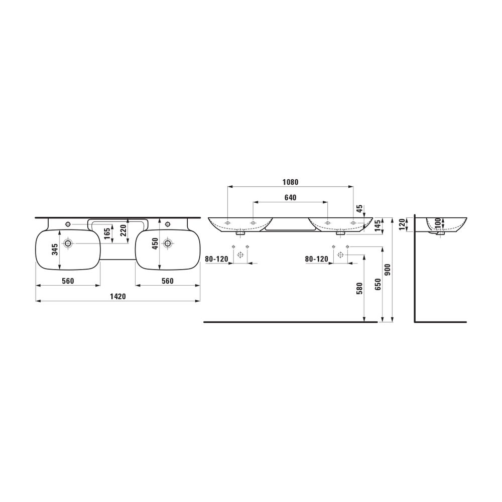 Laufen Doppelwaschtisch INO 450x1420x145mm, Weiß LCC, ohne Hahnloch, mit Überlau... LAUFEN-H8143044001091 7612738049546 (Abb. 2)