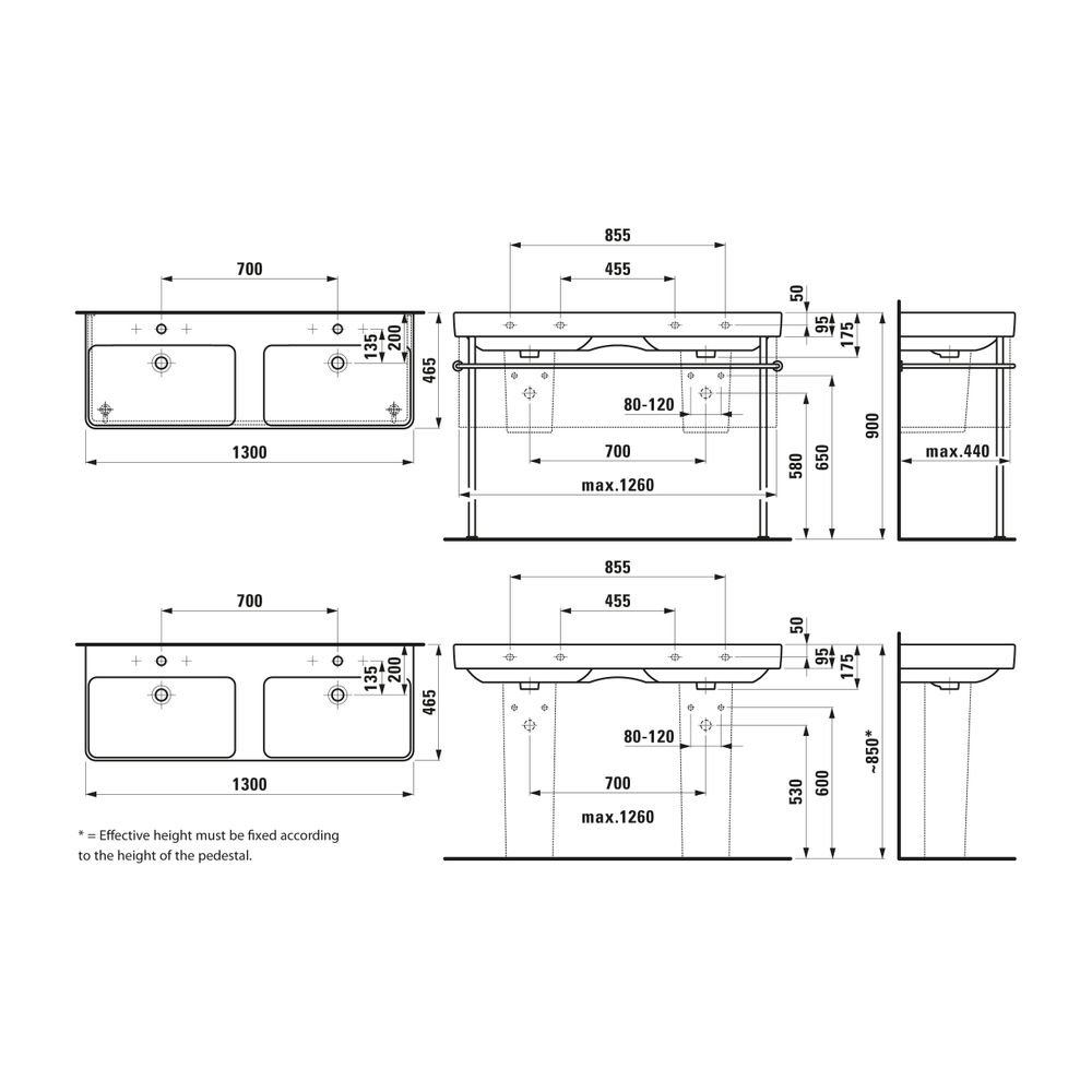 Laufen Doppelwaschtisch Laufen Pro S 460x1300x175mm, Weiß, 3 Hahnlöcher je Becke... LAUFEN-H8149680001081 7612738281175 (Abb. 2)