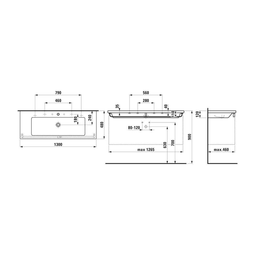 Laufen Waschtisch Living Square 480x1300x120mm, Weiß, 1 Hahnloch, links/rechts, ... LAUFEN-H8164360001071 4014804874015 (Abb. 2)