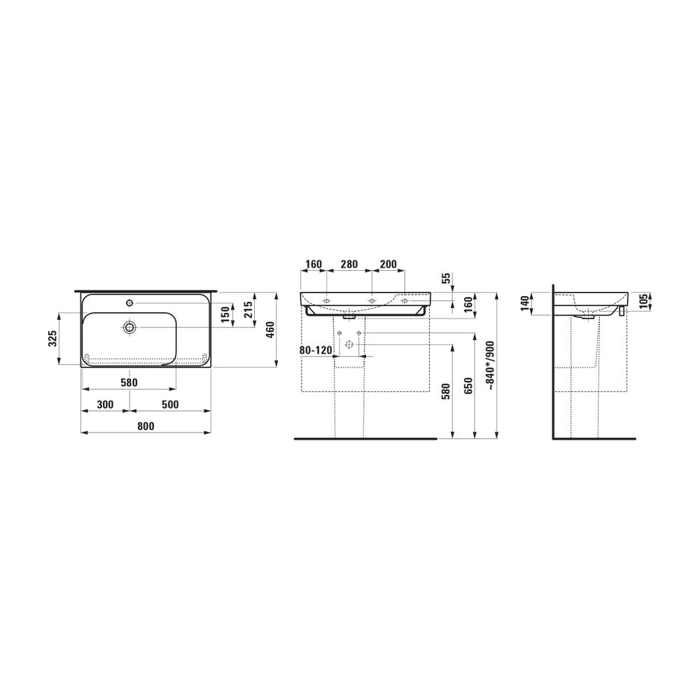 Laufen Waschtisch MEDA 460x800x160mm, Mattweiß, Ablage rechts, 3 Hahnlöcher, ohn... LAUFEN-H8171167571581 7612738064389 (Abb. 2)