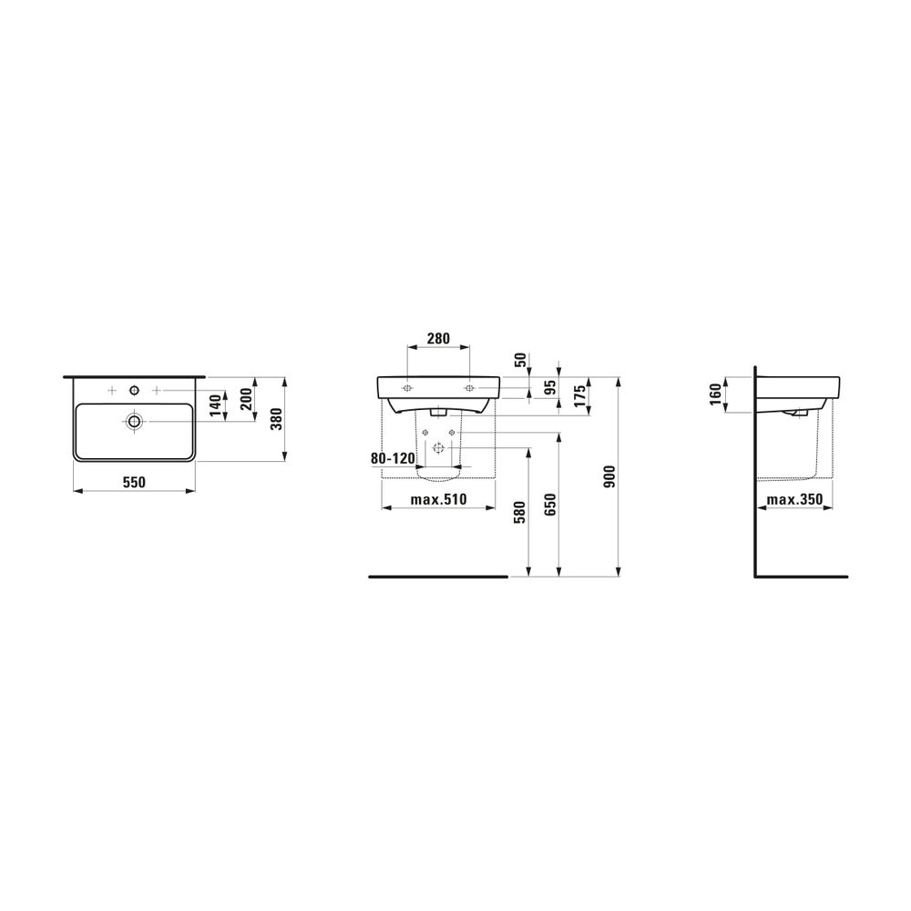 Laufen Waschtisch kompakt Laufen Pro S 380x550x175mm, Weiß, 1 Hahnloch, mit Über... LAUFEN-H8189580001041 4014804790728 (Abb. 2)