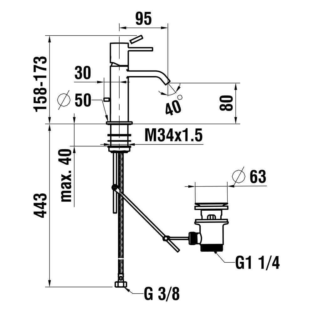 Laufen Waschtisch-Mischer Meda, Festauslauf, Ausladung 95mm, mit Ablaufventil, C... LAUFEN-HF506601100000 7612738061579 (Abb. 2)