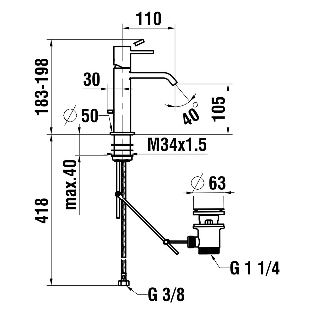Laufen Waschtisch-Mischer Meda, Festauslauf, Ausladung 110mm, mit Ablaufventil, ... LAUFEN-HF506603100000 7612738061623 (Abb. 2)