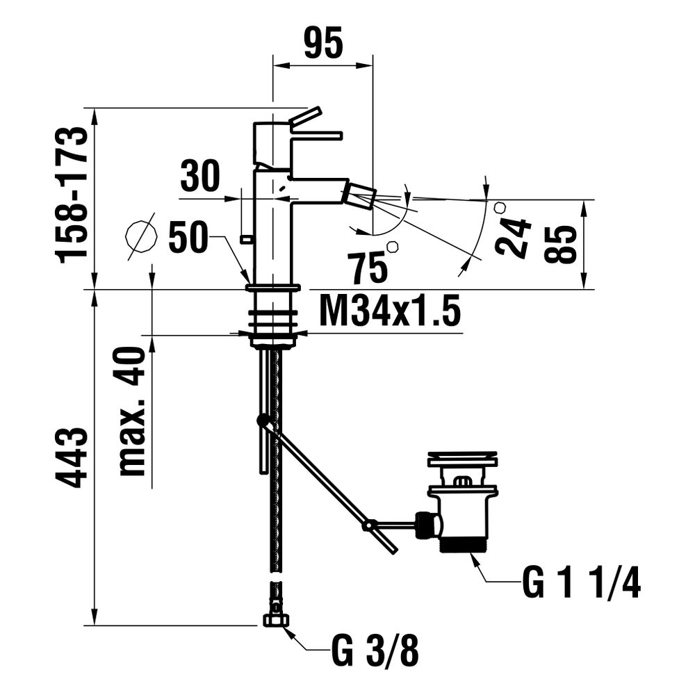 Laufen Einhebel-Bidetmischer Meda, Ausladung 95mm, mit Ablaufventil, Chrom... LAUFEN-HF506610100000 7612738061685 (Abb. 2)