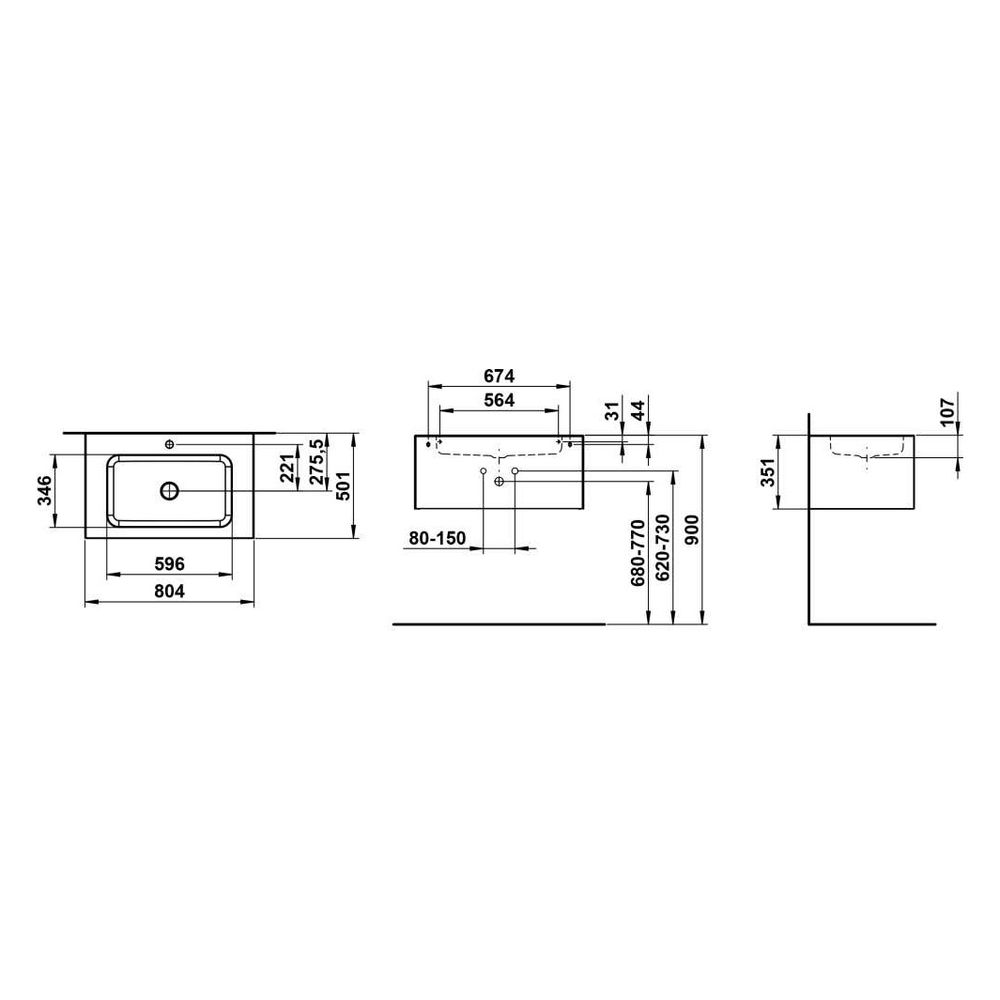 Laufen Waschplatz Folio 804x500x350mm, mit Armaturenbank, 1 Hahnloch, ohne Überl... LAUFEN-H580FO35251111 7612738182717 (Abb. 3)