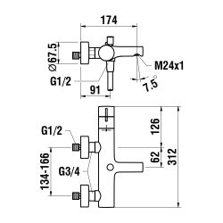 Laufen Wannenthermostat Aufputz Twinplus Ausladung 174mm, Chrom, Sicherheitstast... LAUFEN-HF905461100600 7612738998288 (Abb. 1)