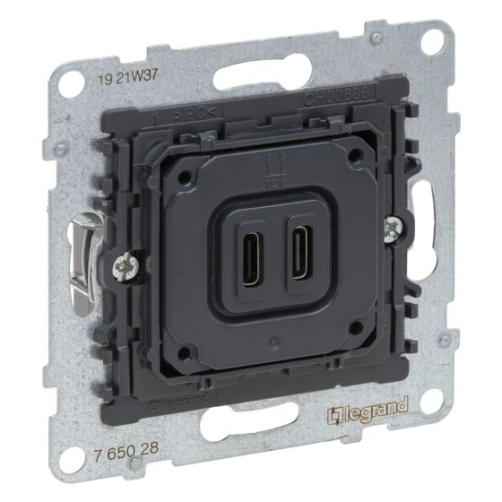 Legrand USB-Ladesteckdose SEANO 2-fach, 2x Typ C, 3.000 mA, Unterputz, Schwarz, 765028