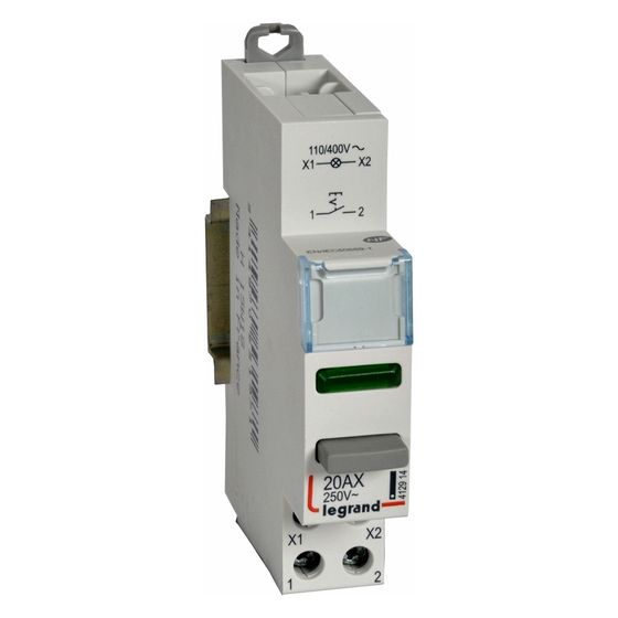 Legrand Druckschalter CX3, 20A, 1 Schließer, LED Grün, 110-400V, 1TE, 412914
